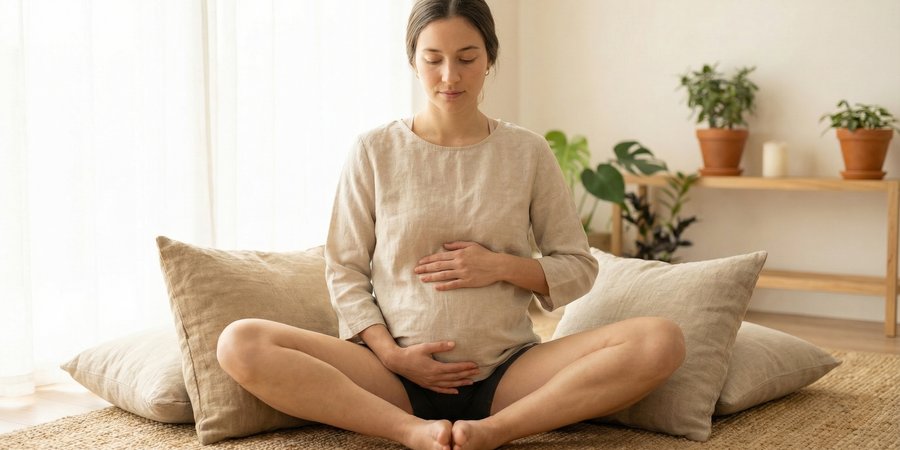 Mujer embarazada en postura de mariposa con foco en fortalecimiento del suelo pélvico