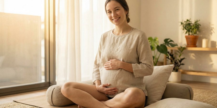 Mujer embarazada en segundo trimestre practicando yoga prenatal seguro