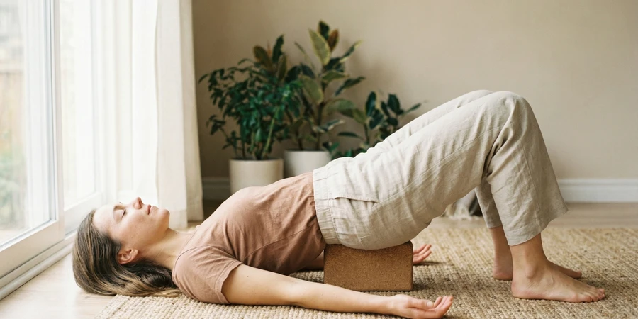 Persona practicando yoga restaurativo en casa con espacio tranquilo y props
