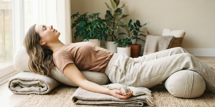 Postura restaurativa apoyada con bolsters y mantas para máxima comodidad