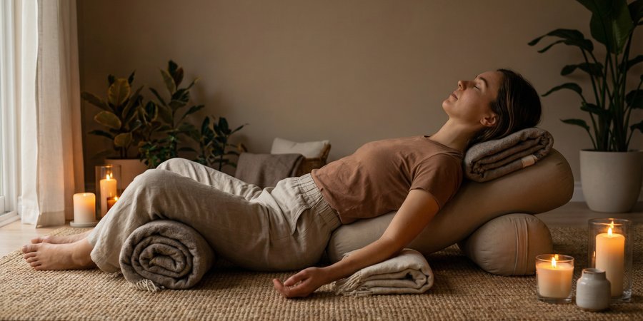 Mujer en postura restaurativa completamente apoyada con props en descanso reparador