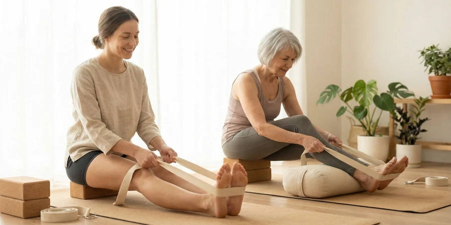 Mayores mejorando equilibrio y propiocepción con posturas de yoga adaptadas