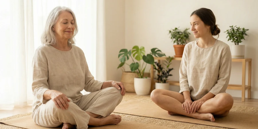 Personas mayores practicando yoga en grupo con instructor especializado