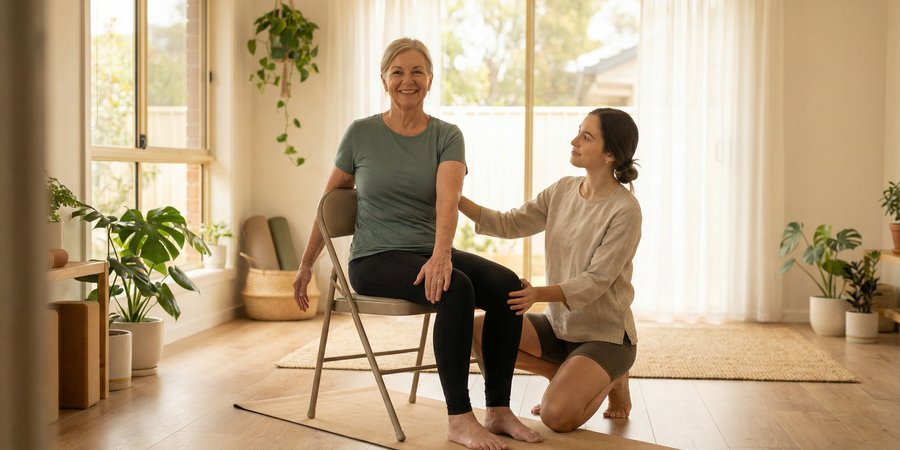 Mujer de edad avanzada practicando yoga adaptado con silla de apoyo