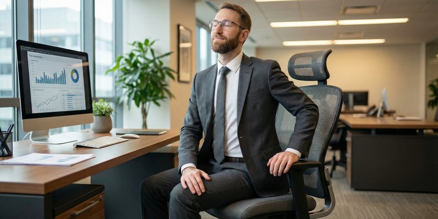 Hombre practicando yoga en silla en oficina corporativa para aliviar tensión