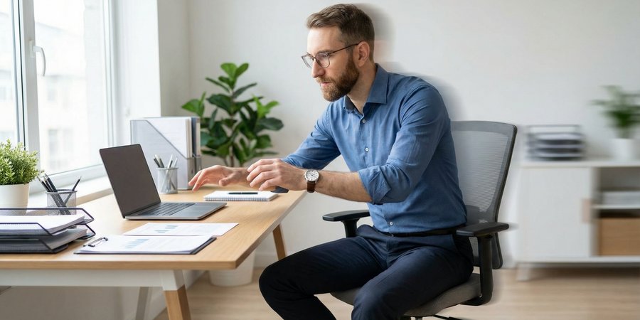 Hombre en transición rápida entre posturas de yoga en silla durante pausa laboral