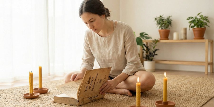 Mujer estudiando textos de yoga sutras de Patanjali con meditación contemplativa