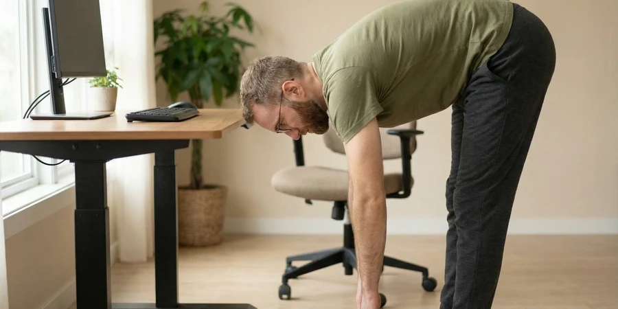 Espacio de práctica de yoga en casa junto al escritorio de trabajo