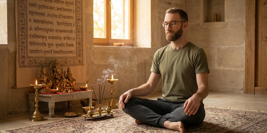 Hombre meditando en ambiente inspirado en tradición hindú representando el origen espiritual del yoga
